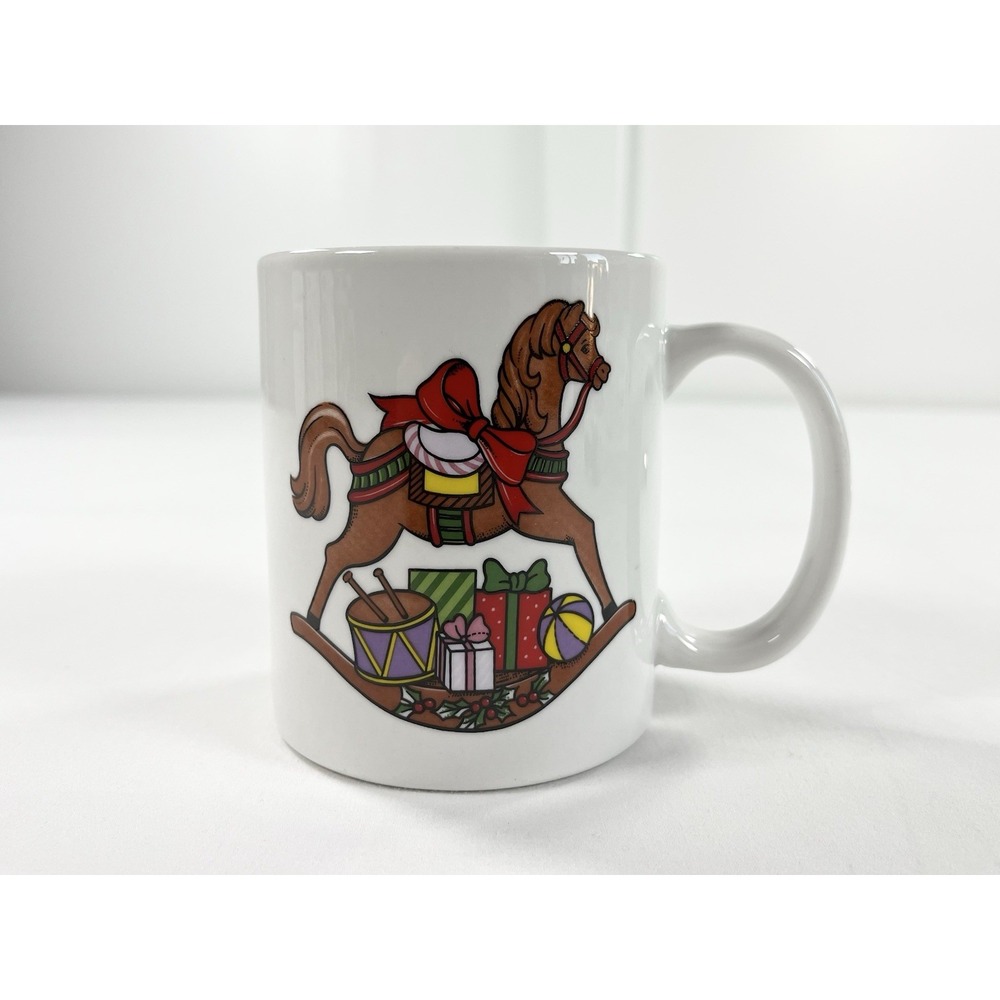 Vintage Christmas Mug Rocking Horse Toys Drum Gifts Coffee Cup Retro 80s Ceramic